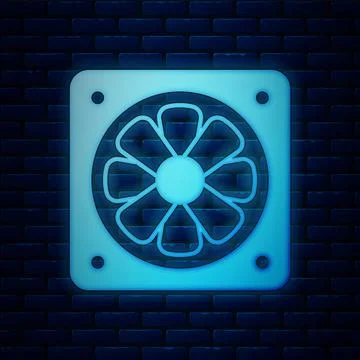 Glowing neon Computer cooler icon isolated on brick wall background. PC hardware 库存插图
