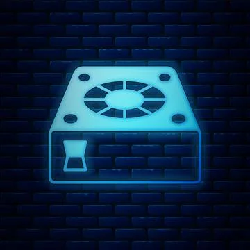 Glowing neon Computer cooler icon isolated on brick wall background. PC hardware 库存插图