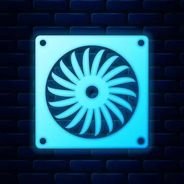 Glowing neon Computer cooler icon isolated on brick wall background. PC hardware Illustrazione stock