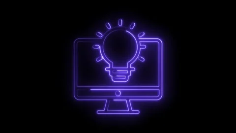 Glowing neon computer display with a lightbulb graphic on black background Stock Footage 322974762