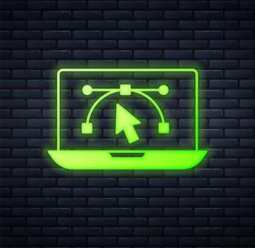Glowing neon Computer display with vector design program icon isolated on i.. Stock Illustration