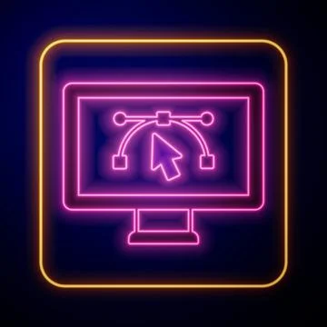 Glowing neon Computer display with vector design program icon isolated on iso Stock Illustration
