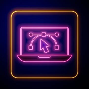 Glowing neon Computer display with vector design program icon isolated on i.. Illustrazione stock