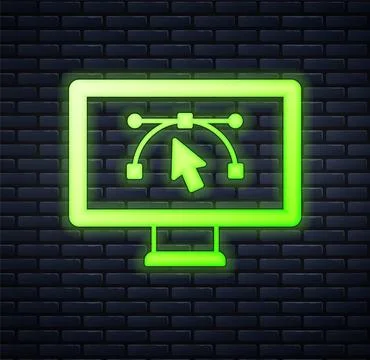 Glowing neon Computer display with vector design program icon isolated on i.. Stock Illustration