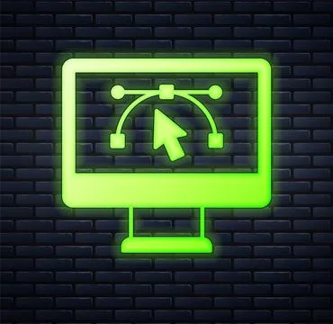 Glowing neon Computer display with vector design program icon isolated on i.. Illustrazione stock