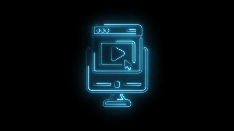 Glowing neon computer displaying online video content with play button and Stock Footage 322994021