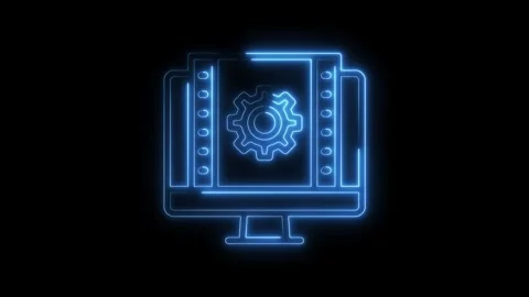 Glowing neon computer with gear icon animation on black background concept Stock Footage 322967827