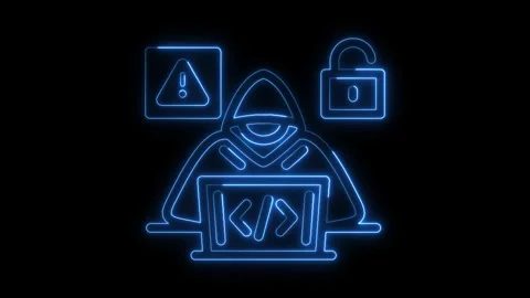 Glowing neon Computer hacker with laptop icon animation, Minimalist hacker icon, Stock Footage 301683103