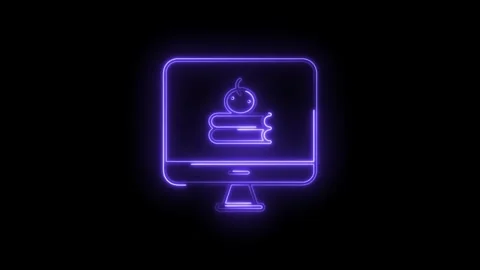 Glowing Neon Computer Icon With Books And Cherry Symbol Digital Learning Co.. Stock Footage 315498517
