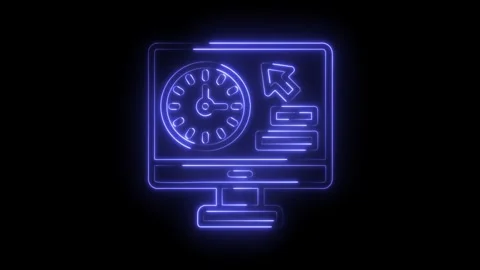 Glowing neon computer icon with clock arrow and progress bar for time management Stock Footage 322987952