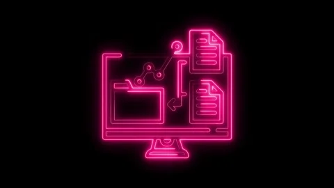 Glowing Neon Computer Icon With Folder And Document Data Flow Abstract Tech.. Stock Footage 315654768