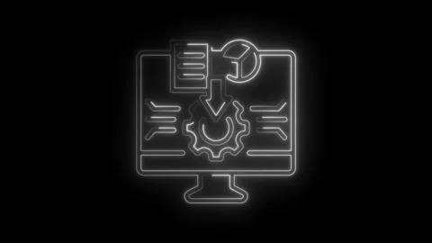 Glowing neon computer icon with gear and data flow symbolizing digital proc.. Stockbeeldmateriaal 314557383