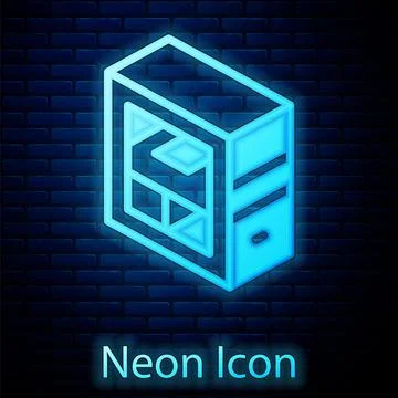 Glowing neon Computer icon isolated on brick wall background. PC component sign Stock Illustration