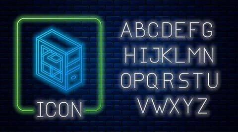 Glowing neon Computer icon isolated on brick wall background. PC component sign 스톡 일러스트