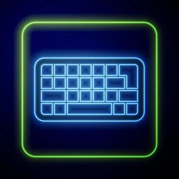 Glowing neon Computer keyboard icon isolated on blue background. PC component Stock-Illustration