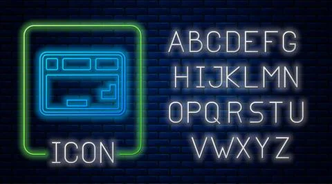 Glowing neon Computer keyboard icon isolated on brick wall background. PC c.. Illustrazione stock