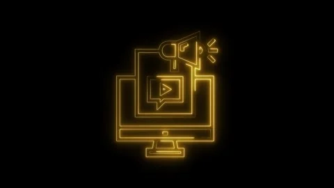 Glowing neon computer with megaphone promoting online video marketing on bl.. Stock Footage 312448210