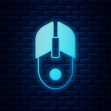 Glowing neon Computer mouse icon isolated on brick wall background. Optical with 스톡 일러스트