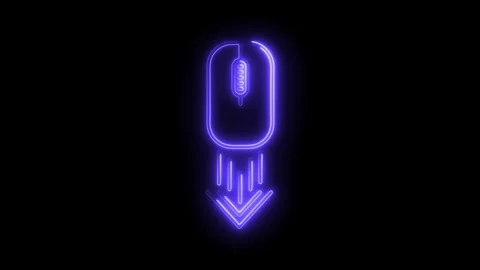 Glowing neon computer mouse scrolling down icon on black background Stock Footage 308180098