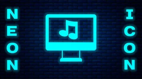 Glowing neon Computer with music note symbol on screen icon isolated on bri.. Stock-Illustration