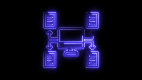 Glowing neon computer network data transfer animation on a black background Video stock 322973842