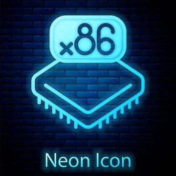 Glowing neon Computer processor with microcircuits CPU icon isolated on brick Stock Illustration