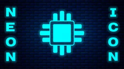 Glowing neon Computer processor with microcircuits CPU icon isolated on brick イラスト素材