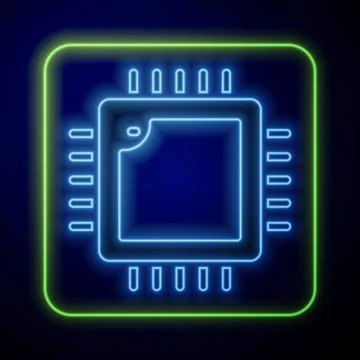 Glowing neon Computer processor with microcircuits CPU icon isolated on blue イラスト素材