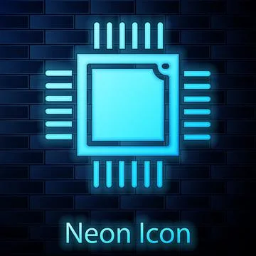 Glowing neon Computer processor with microcircuits CPU icon isolated on brick Illustrazione stock