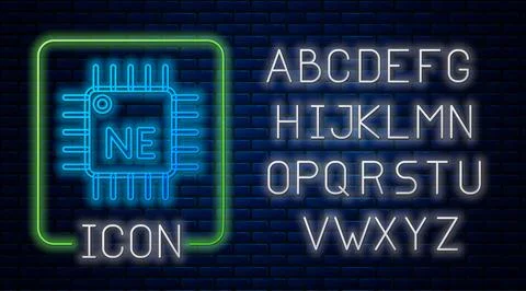 Glowing neon Computer processor with microcircuits CPU icon isolated on brick Illustrazione stock