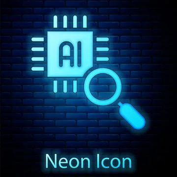 Glowing neon Computer processor with microcircuits CPU icon isolated on brick Stock Illustration