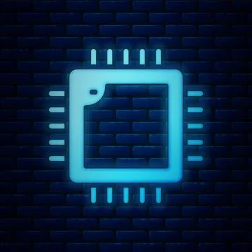 Glowing neon Computer processor with microcircuits CPU icon isolated on brick Stock Illustration