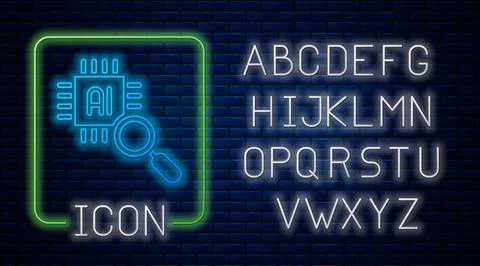 Glowing neon Computer processor with microcircuits CPU icon isolated on brick Stock Illustration