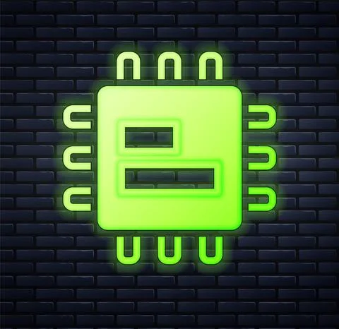 Glowing neon Computer processor with microcircuits CPU icon isolated on brick Stock Illustration