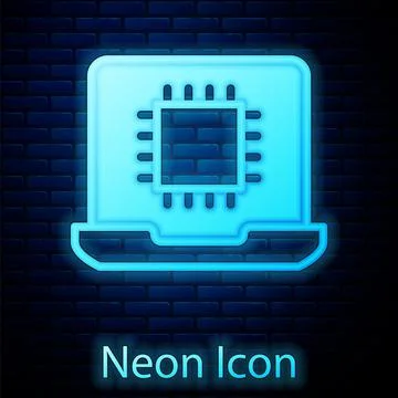 Glowing neon Computer processor with microcircuits CPU icon isolated on brick Stock Illustration