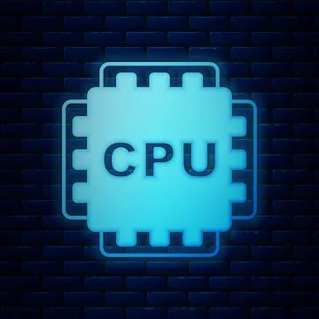 Glowing neon Computer processor with microcircuits CPU icon isolated on brick Stock Illustration
