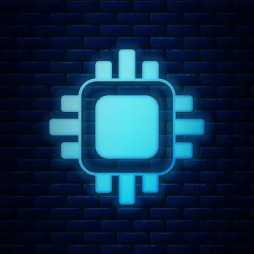 Glowing neon Computer processor with microcircuits CPU icon isolated on brick Stock Illustration