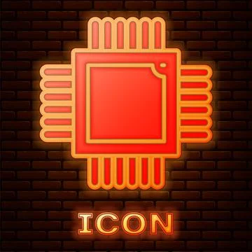 Glowing neon Computer processor with microcircuits CPU icon isolated on brick Illustrazione stock