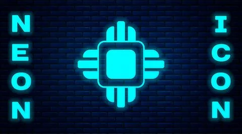 Glowing neon Computer processor with microcircuits CPU icon isolated on brick イラスト素材