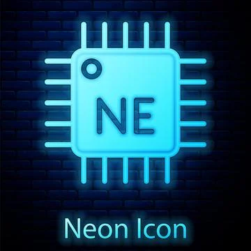 Glowing neon Computer processor with microcircuits CPU icon isolated on brick Stock Illustration