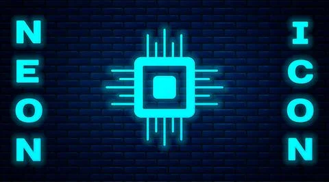 Glowing neon Computer processor with microcircuits CPU icon isolated on bri.. イラスト素材