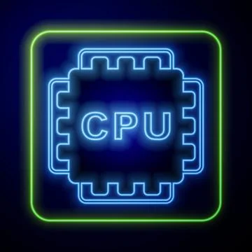 Glowing neon Computer processor with microcircuits CPU icon isolated on blu.. Stock Illustration