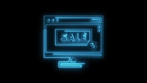 Glowing neon computer screen displaying sale announcement and mouse cursor .. Stock Footage 312329275
