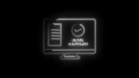 Glowing neon computer screen displaying order confirmed message with checkm.. Stock Footage 314572670
