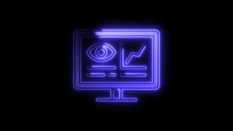 Glowing neon computer screen displaying data analytics and eye icon on black Stock Footage 322966174