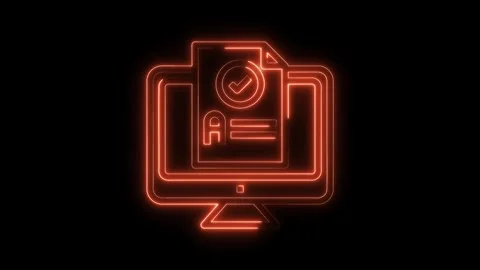 Glowing neon computer screen displaying document with check mark validation icon Stock Footage 322971043