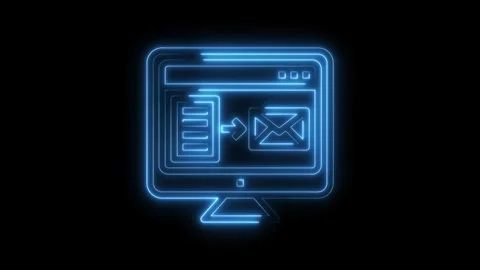 Glowing neon computer screen displaying data transfer sending email on black 스톡 동영상 322971066