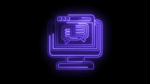 Glowing neon computer screen displaying chat bubbles and messages on black Stock Footage 333956326