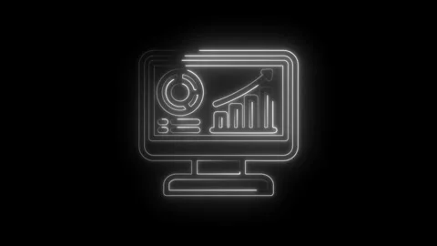 Glowing neon computer screen displaying upward trending bar graph and circular 스톡 동영상 333959150