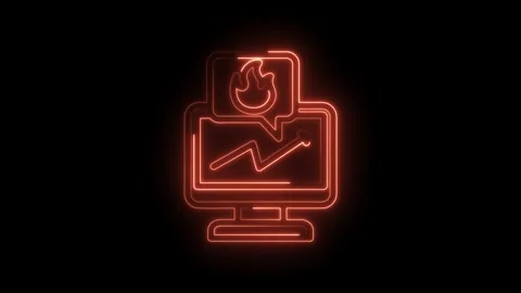 Glowing neon computer screen displaying rising stock chart with fire icon alert Stock Footage 333959209
